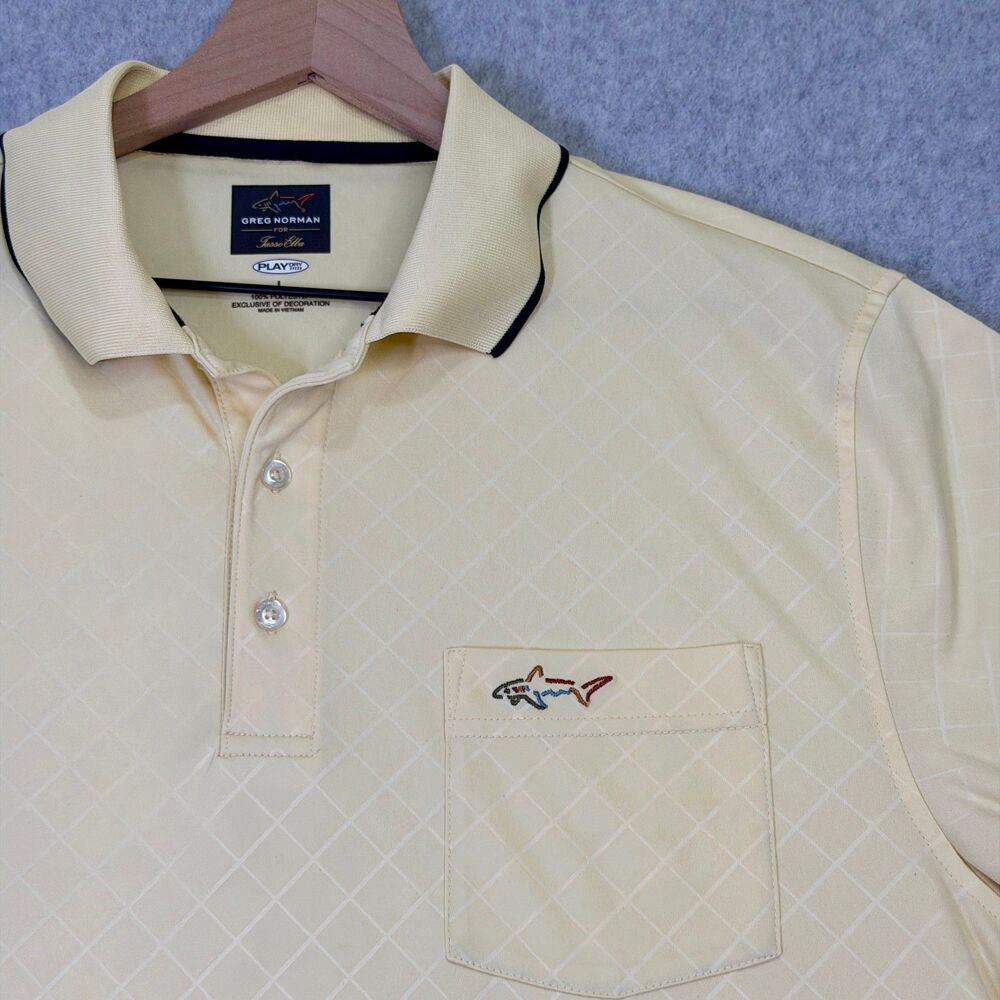 Greg Norman Polo Shirt Mens Large Yellow Play Dry Golf Shark Logo Pocket